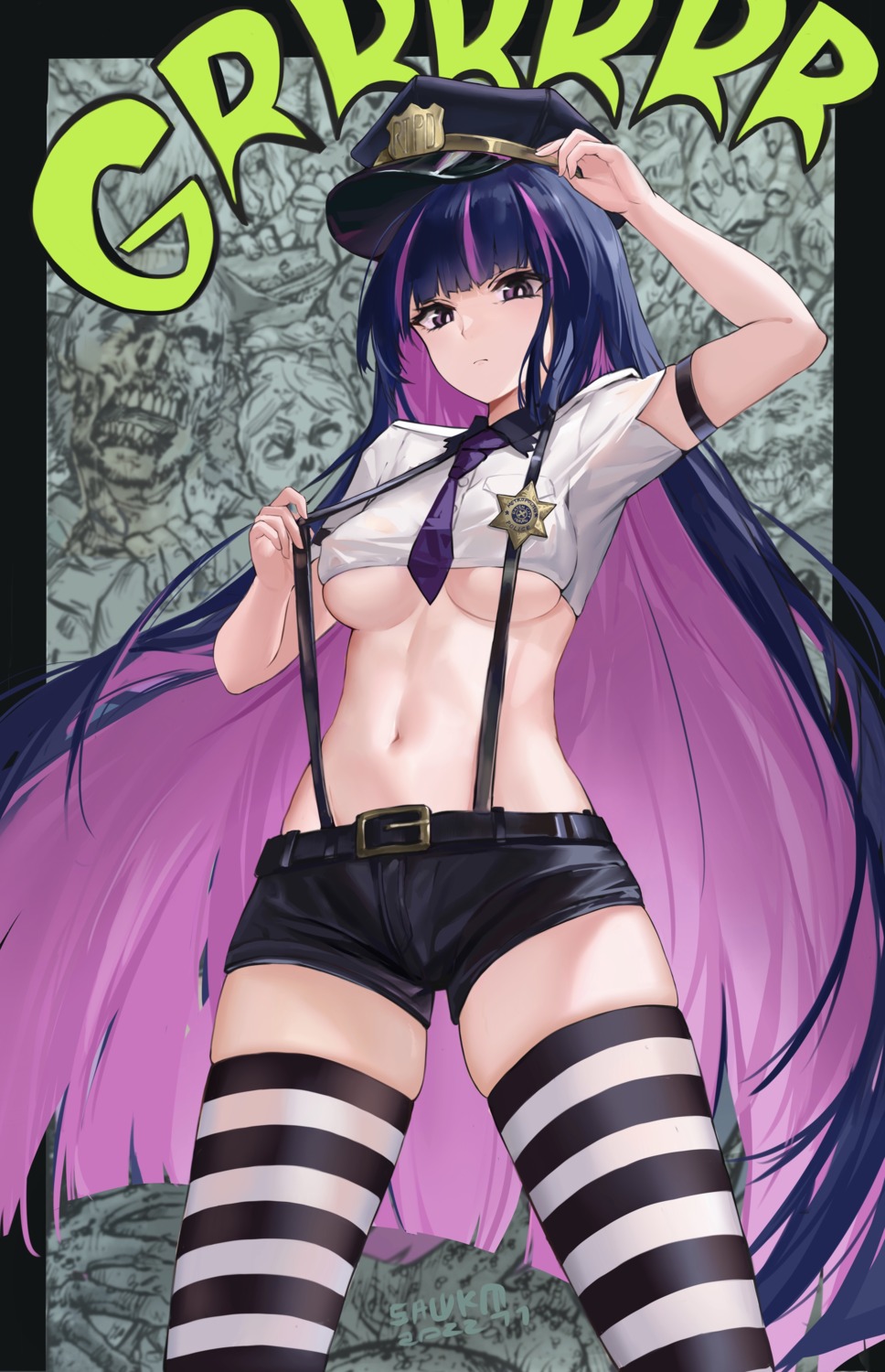 erect_nipples no_bra panty_&_stocking_with_garterbelt police_uniform sawkm see_through sketch stocking thighhighs underboob