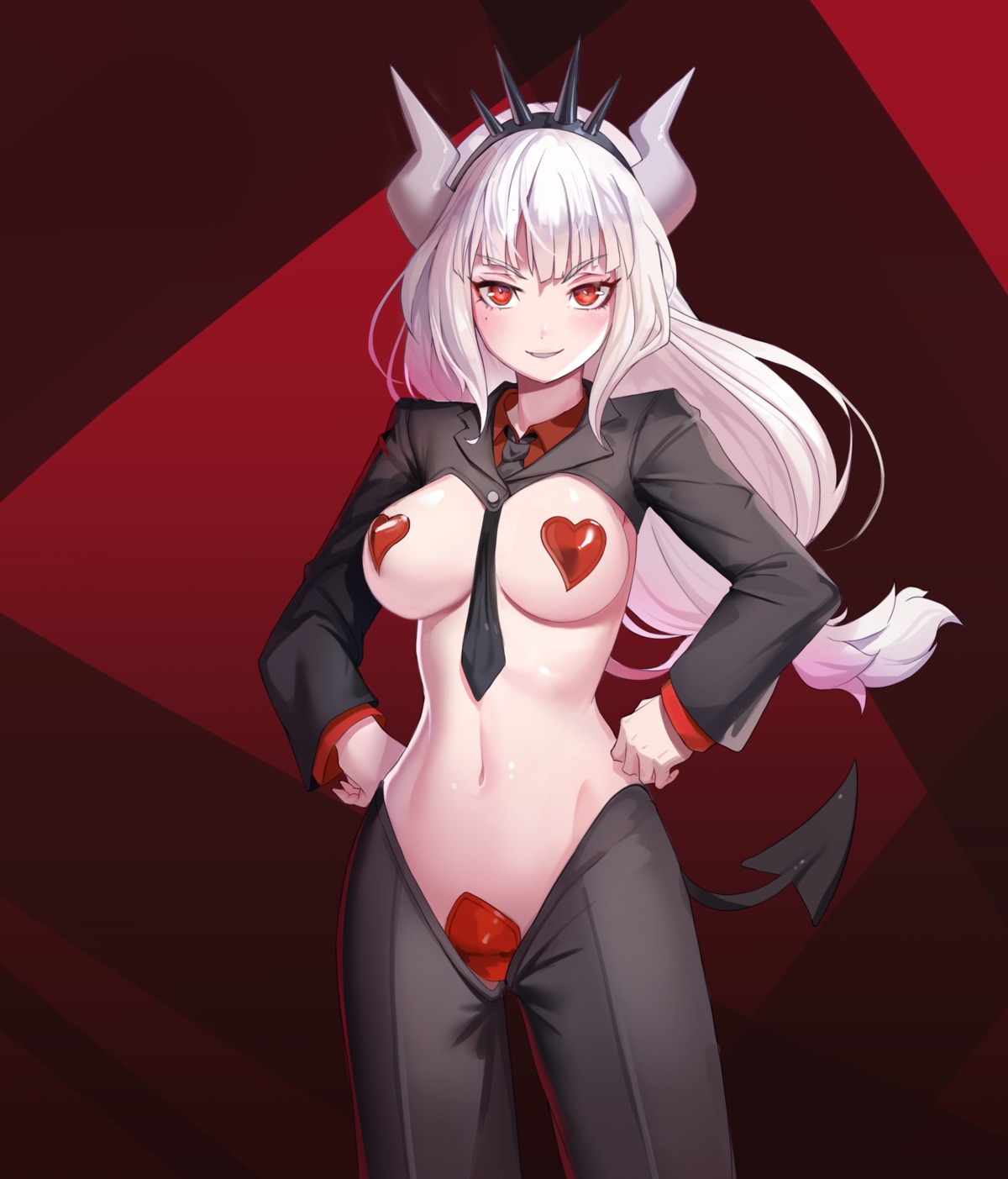 breasts business_suit helltaker horns lucifer_(helltaker) maebari merchant91 no_bra nopan pasties tail