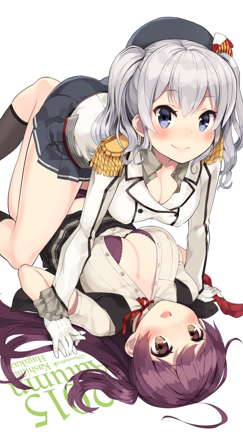 bra cleavage hagikaze_(kancolle) kantai_collection kashima_(kancolle) kuro_chairo_no_neko open_shirt pantsu uniform yuri