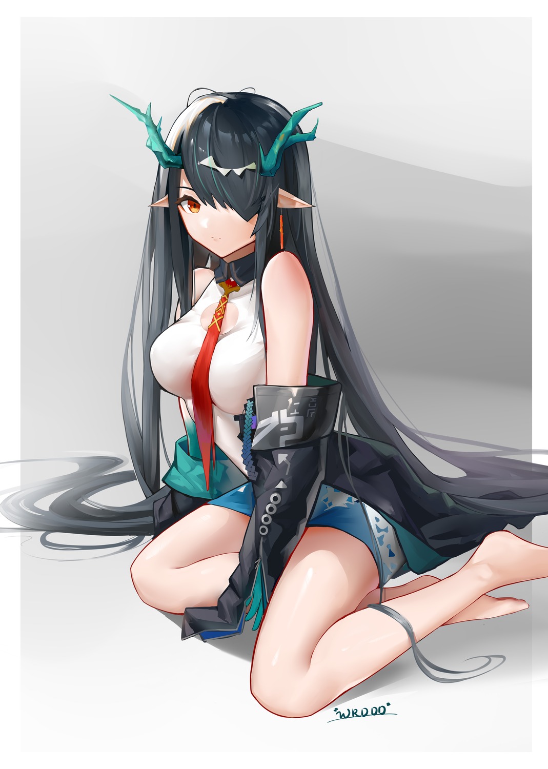 arknights asian_clothes dusk_(arknights) horns pointy_ears wrddd