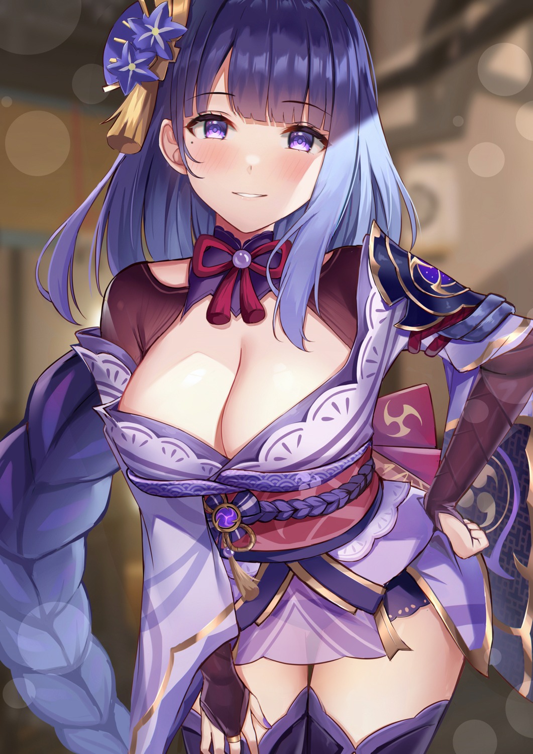 armor eric_(tianqijiang) genshin_impact japanese_clothes no_bra open_shirt pantsu raiden_shogun see_through thighhighs