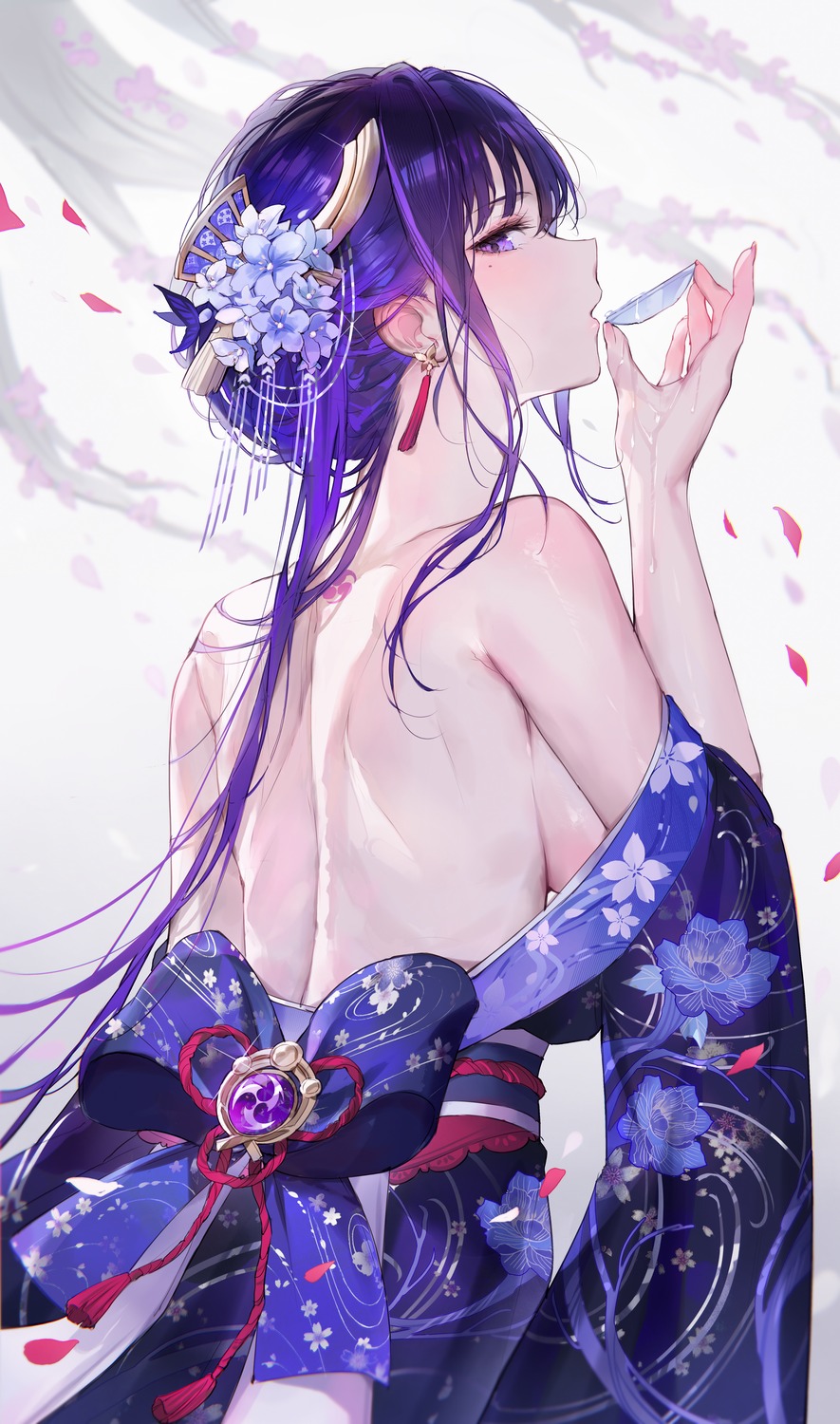 artist_revision genshin_impact japanese_clothes no_bra open_shirt qiandaiyiyu raiden_shogun sake tattoo