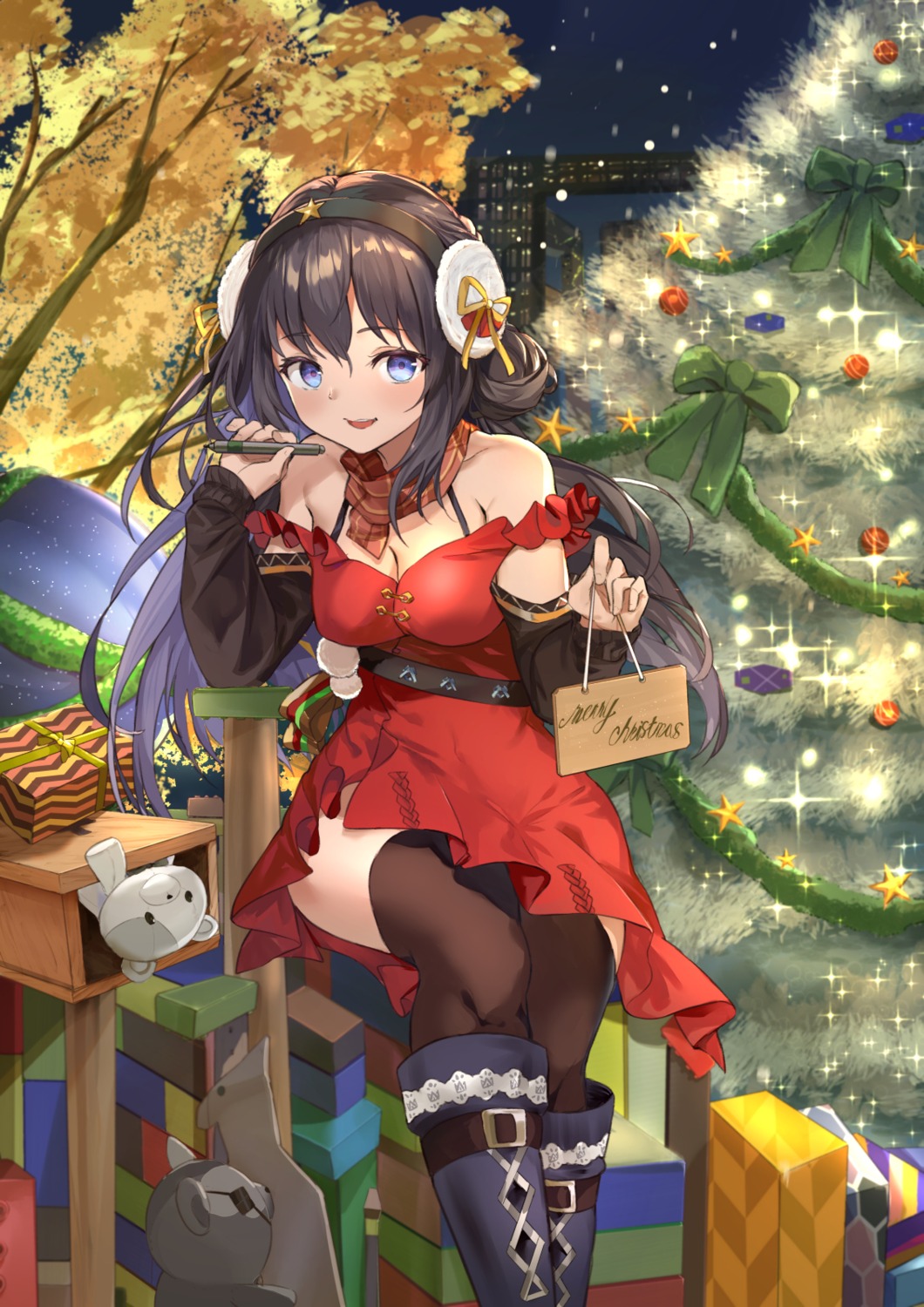 christmas cleavage dress mosta_(lo1777789) thighhighs