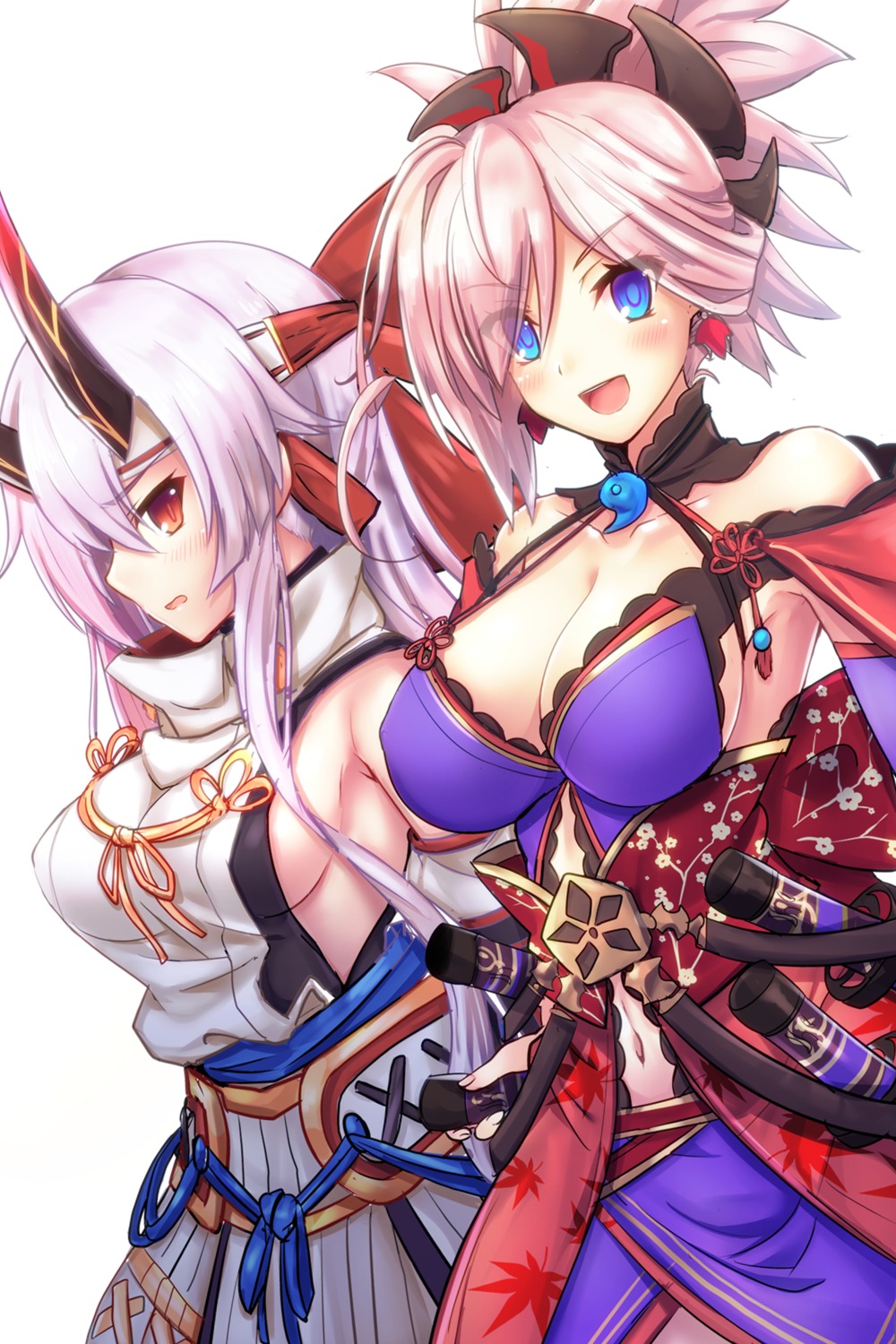 cleavage fate/grand_order horns miyamoto_musashi_(fate/grand_order) samoore sword tomoe_gozen_(fate/grand_order)