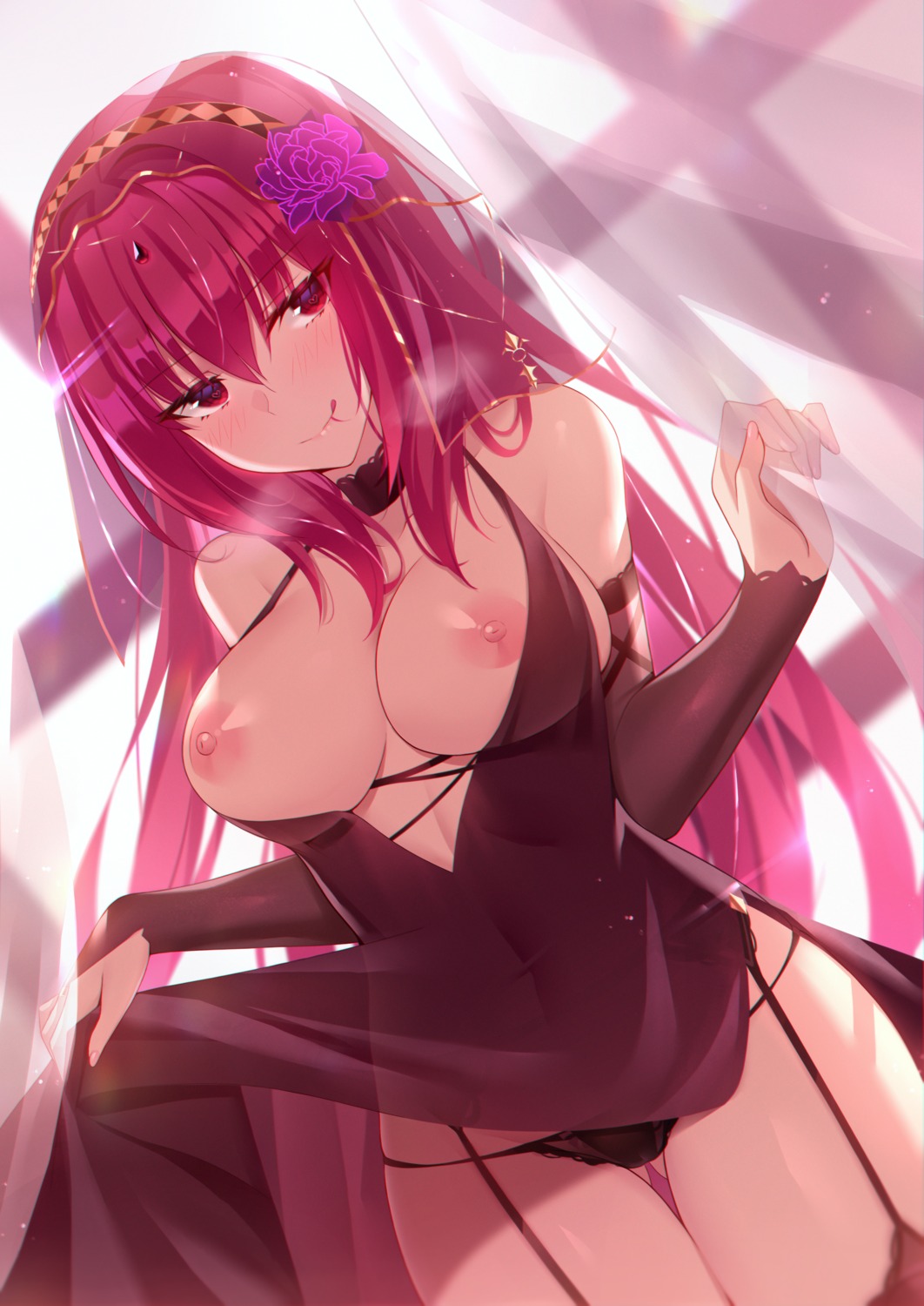 black_fire breasts dress fate/grand_order nipples no_bra open_shirt pantsu scathach_(fate/grand_order) skirt_lift stockings thighhighs