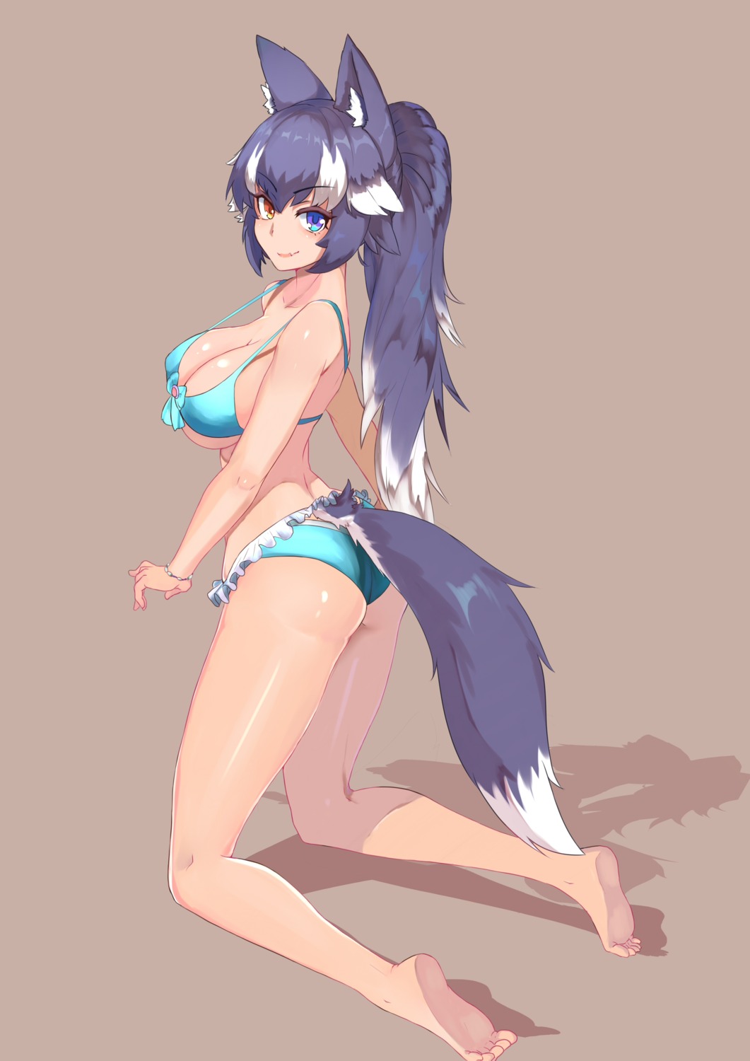 animal_ears ass bikini boy_(pixiv17542438) cleavage feet grey_wolf heterochromia kemono_friends swimsuits tail underboob