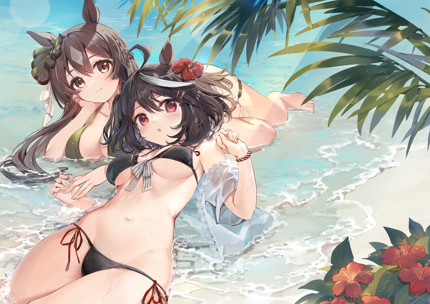 animal_ears bikini garter kita_(kitairoha) kitasan_black_(umamusume) sandrop satono_diamond_(umamusume) see_through swimsuits uma_musume_pretty_derby wet