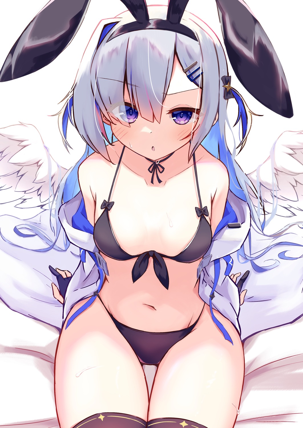 amane_kanata animal_ears batarop bikini bunny_ears hololive open_shirt swimsuits thighhighs wings