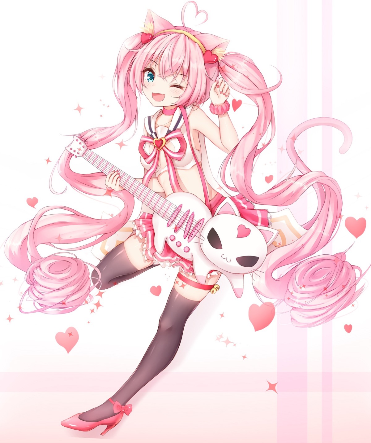 animal_ears garter guitar heels kiku_(ks5832) nekomimi no_bra rosia_(show_by_rock!) show_by_rock!! thighhighs