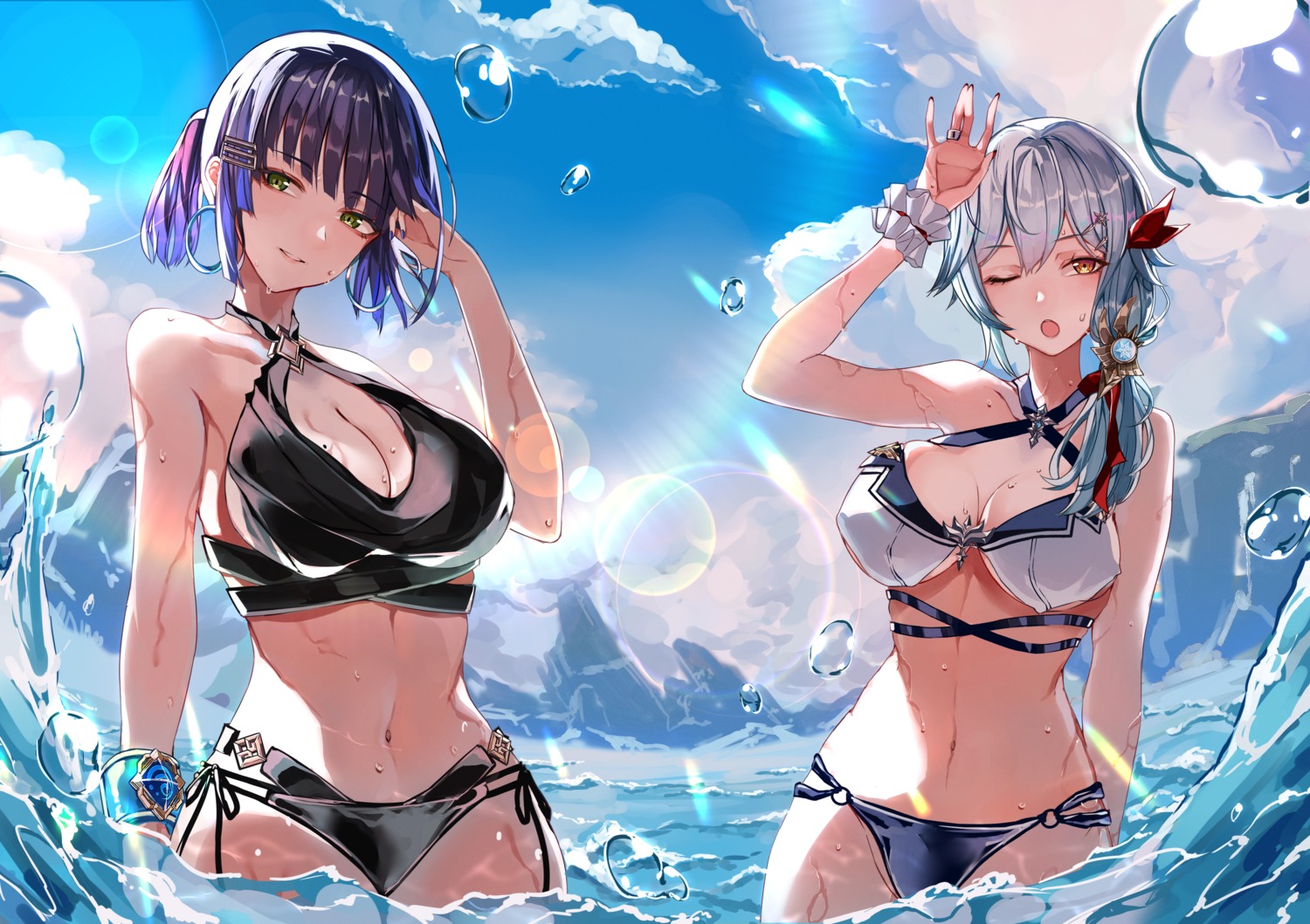 bikini cleavage eula genshin_impact sas_(ls08b) swimsuits wet yelan