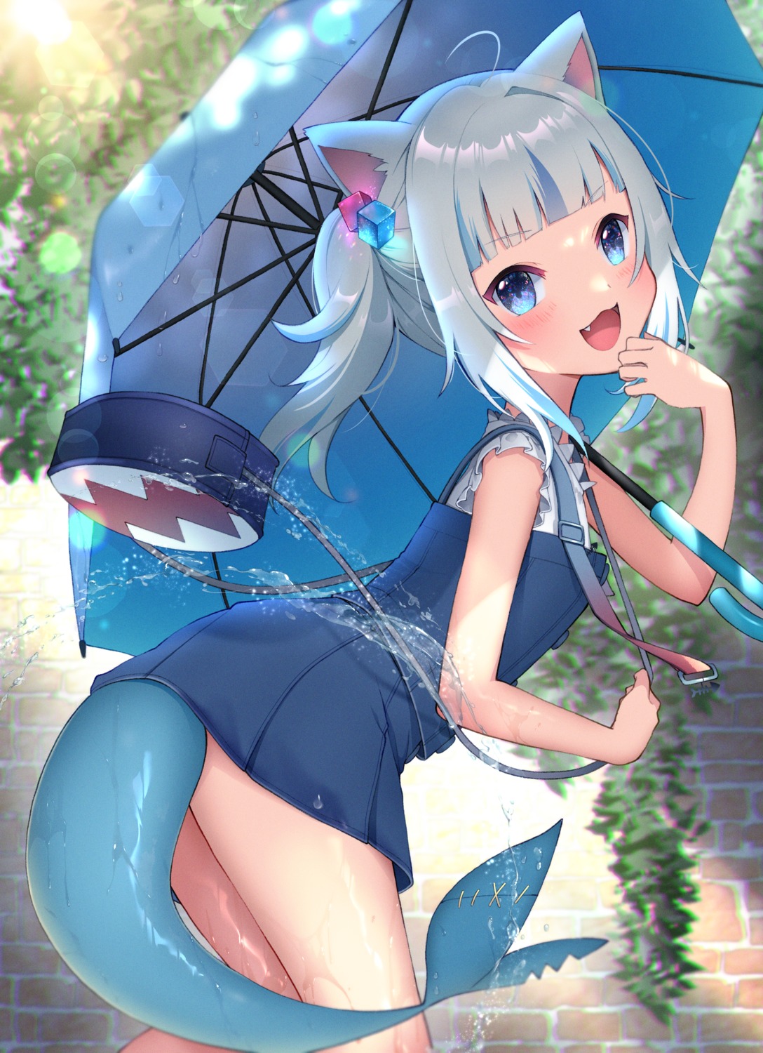 animal_ears byoko_(byokoramen) gawr_gura hololive hololive_english nekomimi skirt_lift tail umbrella wet