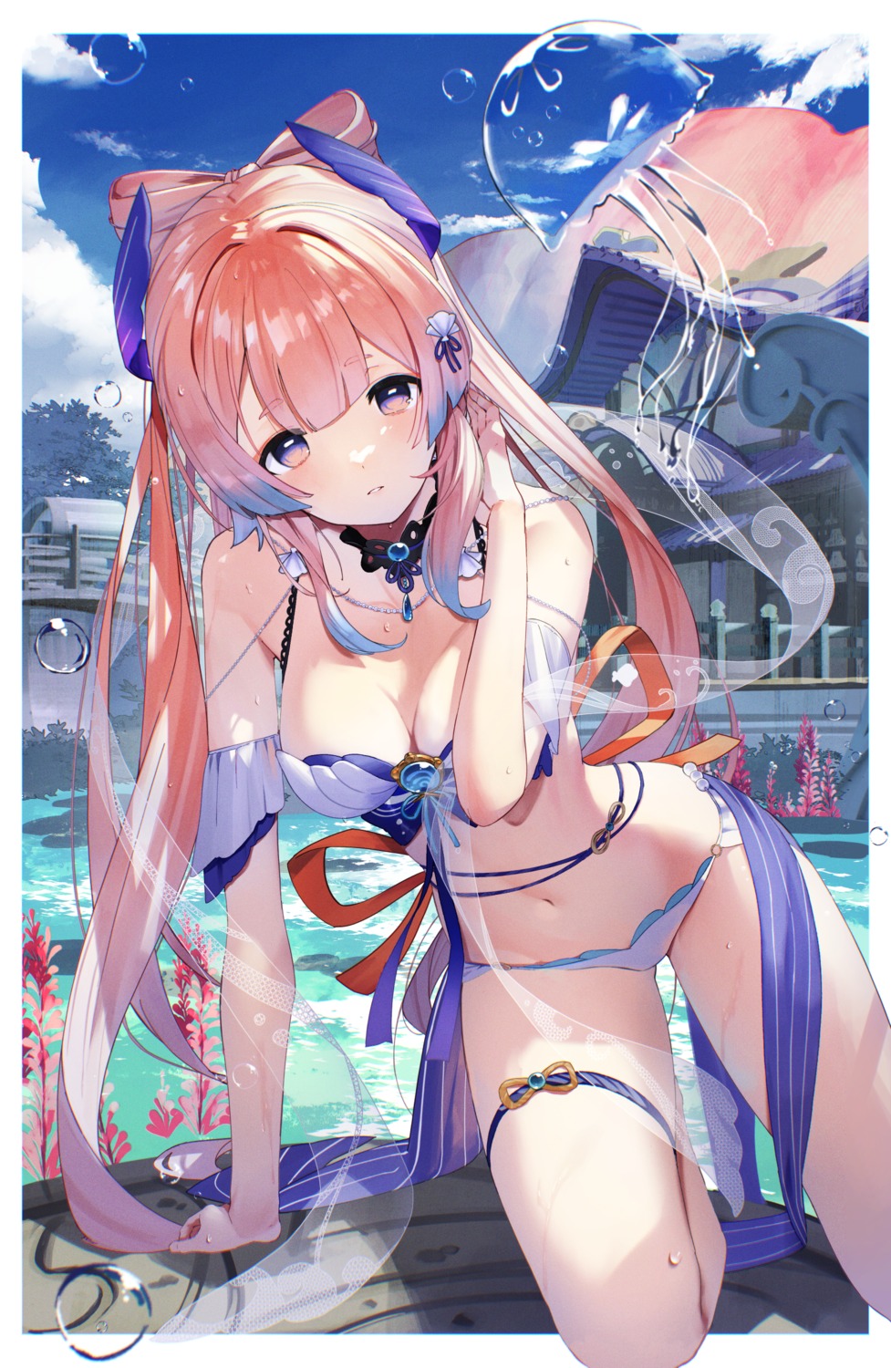 garter genshin_impact no_bra pantsu sangonomiya_kokomi scottie wet