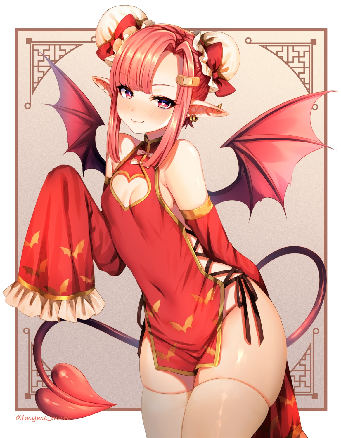 bandaid chinadress marota no_bra pantsu pointy_ears string_panties tail thighhighs wings