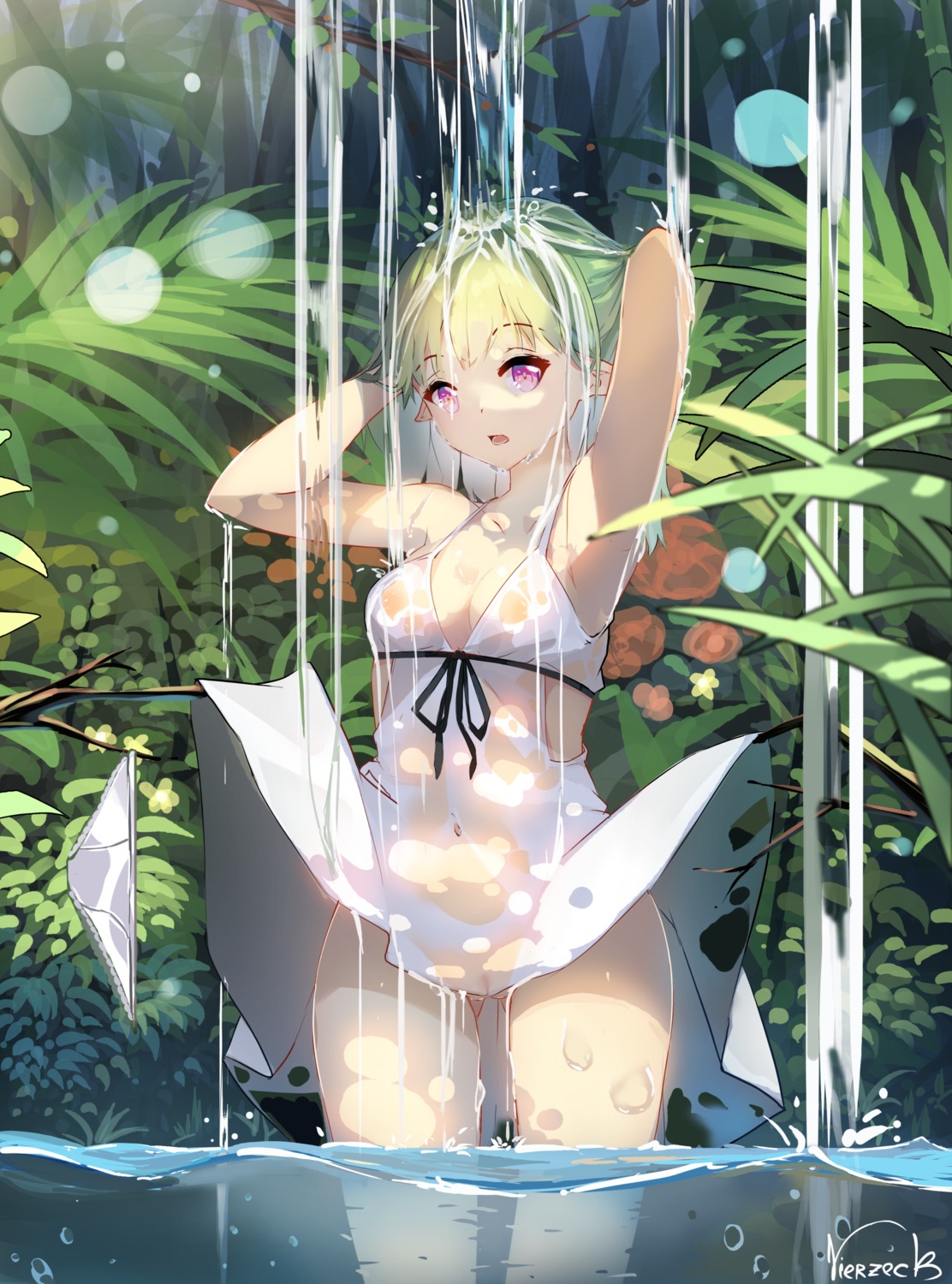 areola bathing dress elf no_bra nopan pointy_ears pussy see_through skirt_lift summer_dress vierzeck wet wet_clothes