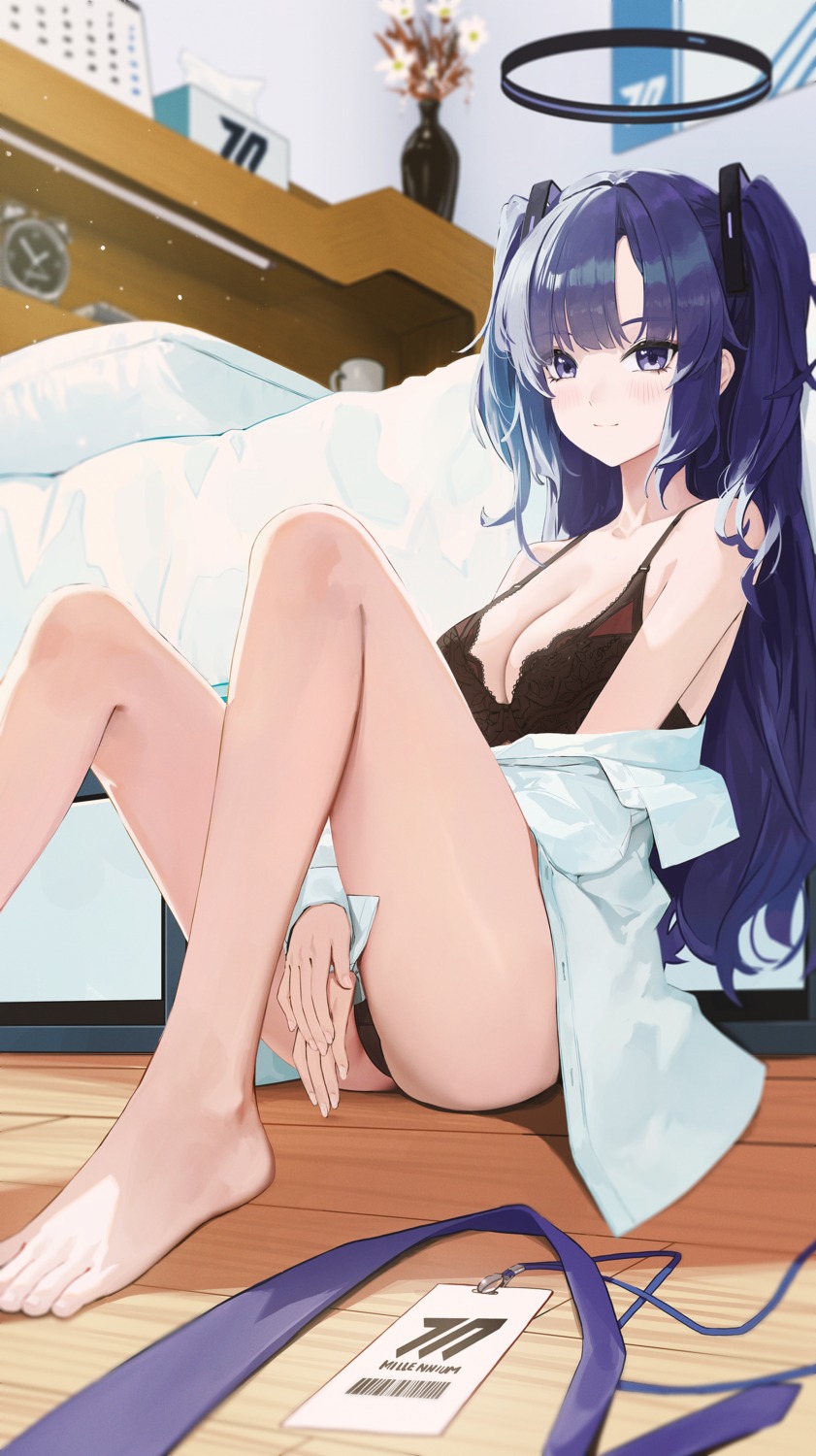 blue_archive bra dress_shirt feet fieryonion halo hayase_yuuka open_shirt pantsu thong