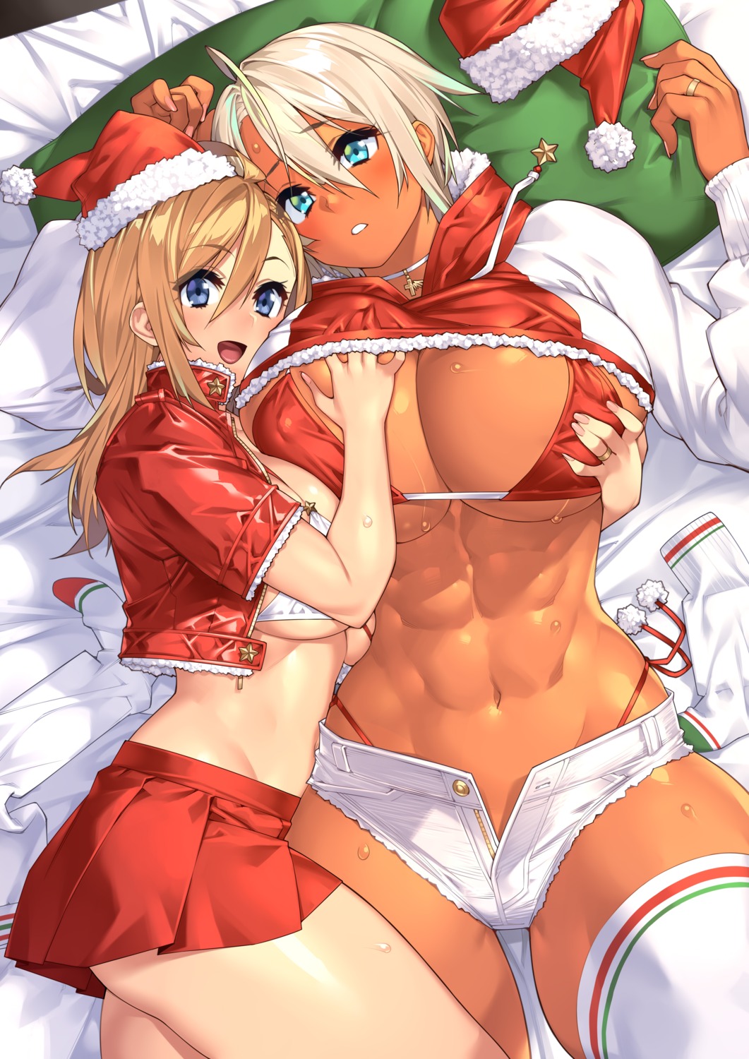 bikini_top breast_grab christmas erect_nipples open_shirt real_xxiii shirt_lift swimsuits thighhighs yuri