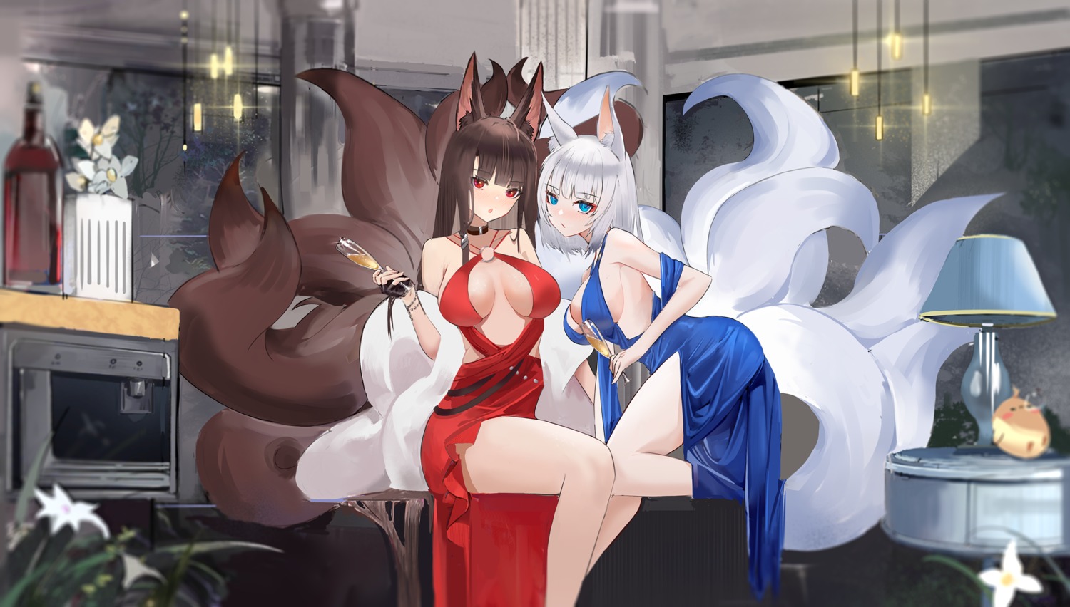 akagi_(azur_lane) animal_ears azur_lane clkfmbing dress kaga_(azur_lane) kitsune no_bra tail