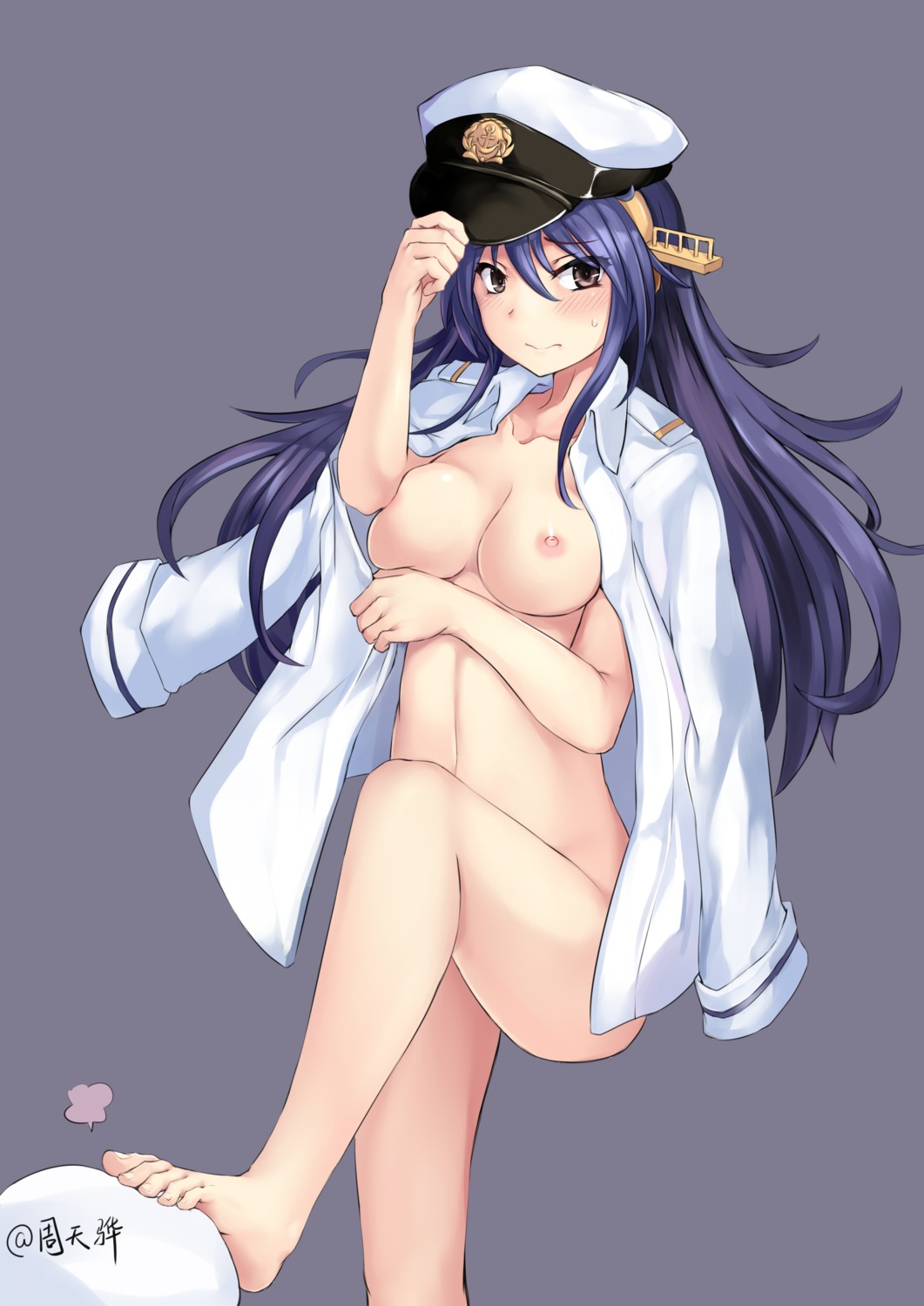 463_jun bottomless breasts haruna_(kancolle) kantai_collection nipples no_bra open_shirt