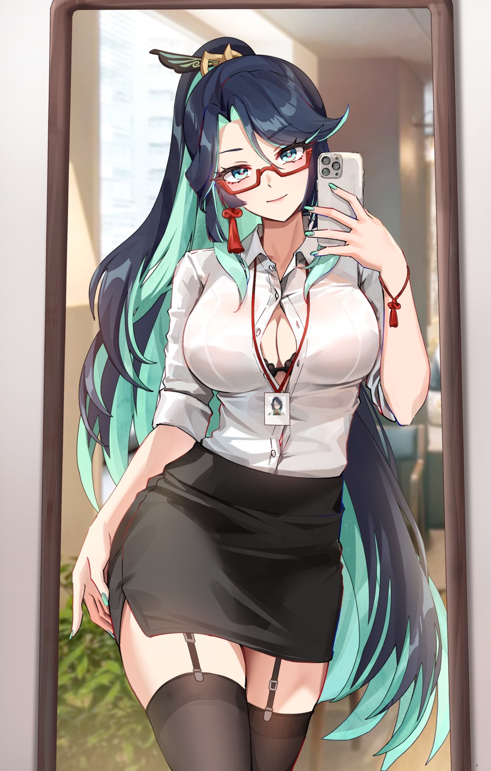 bra dress_shirt foxy_rain genshin_impact megane open_shirt selfie stockings thighhighs xianyun