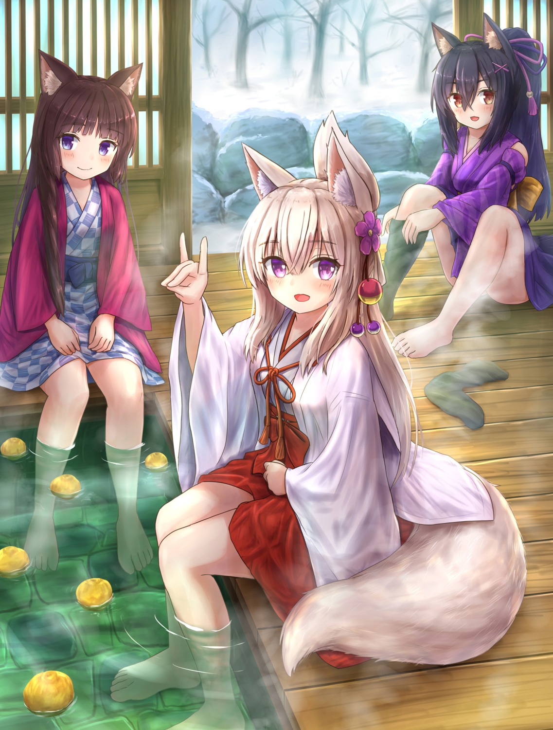 animal_ears feet iroha_(iroha_matsurika) japanese_clothes kitsune miko onsen tail undressing wet