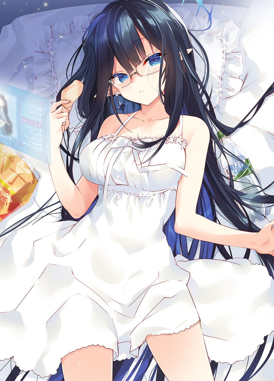 arikawa_satoru blue_archive dress halo megane nanagami_rin pointy_ears summer_dress