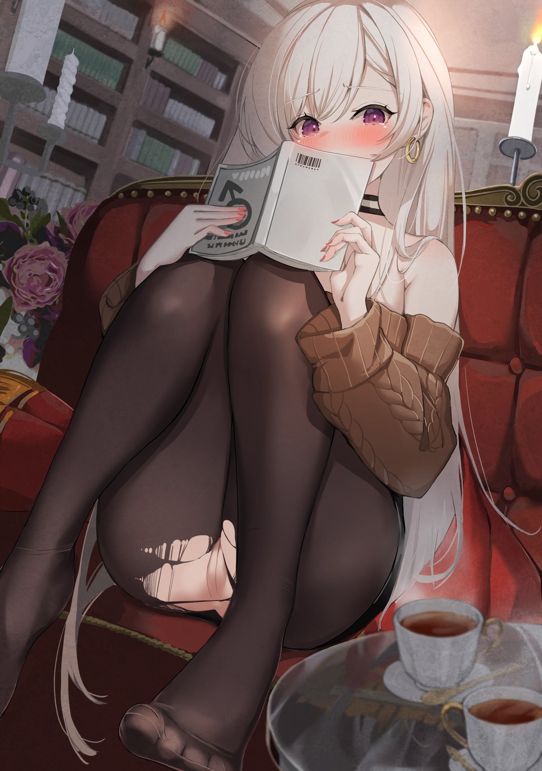 azur_lane belfast_(azur_lane) feet marumai no_bra pantyhose pussy sweater torn_clothes uncensored