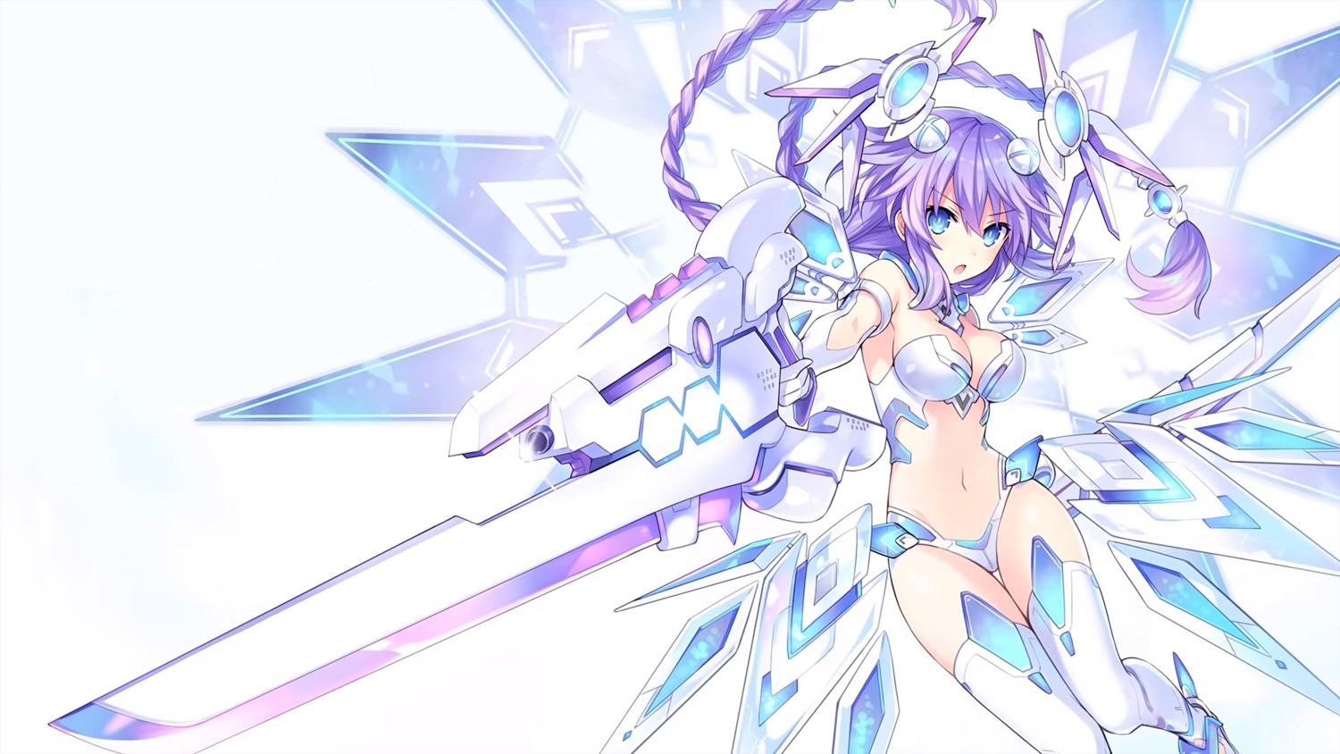 bikini_armor choujigen_game_neptune cleavage detexted purple_heart sword thighhighs tsunako wallpaper wings