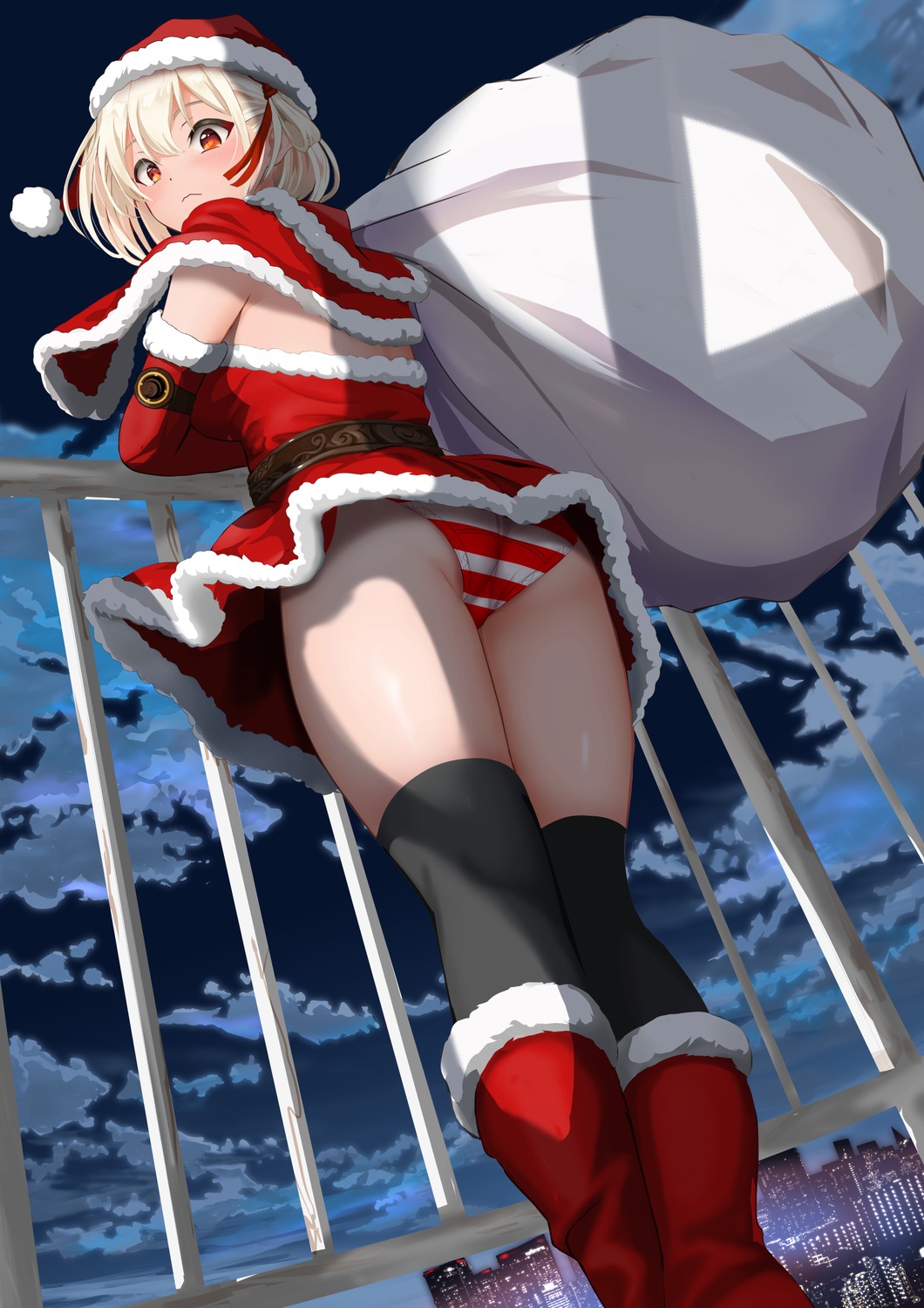 artist_revision ass christmas gibun_(sozoshu) lycoris_recoil nishikigi_chisato no_bra pantsu shimapan skirt_lift thighhighs