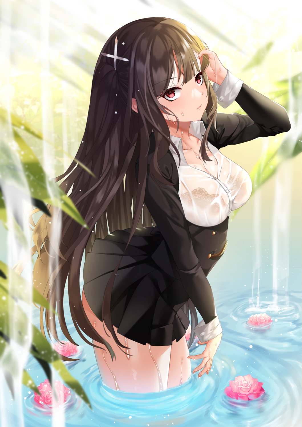 bra maze_yuri see_through seifuku wet wet_clothes