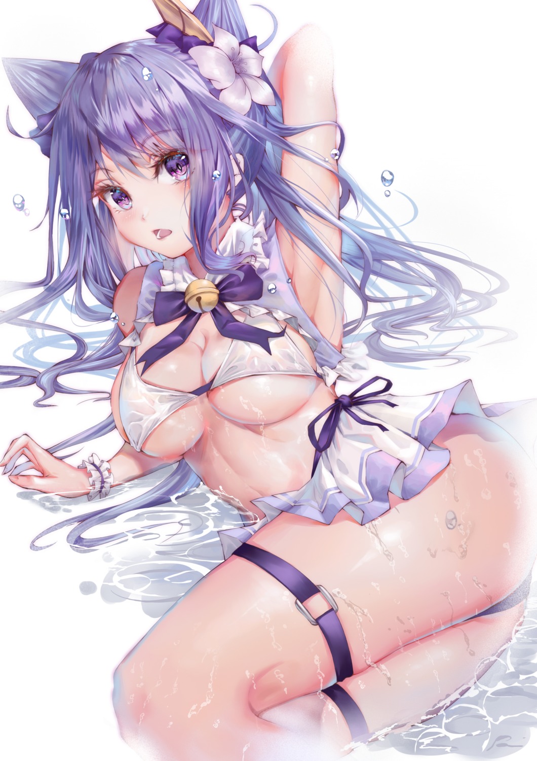 bikini cgd-orange garter genshin_impact keqing see_through skirt_lift swimsuits thong wet wet_clothes