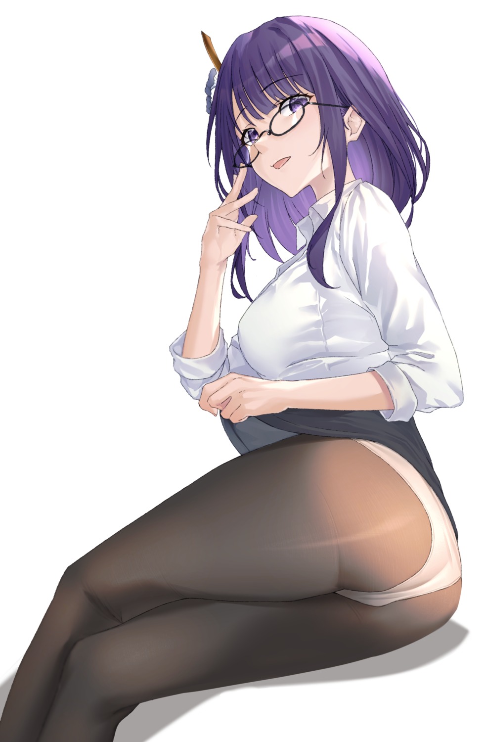 ass dress_shirt genshin_impact megane niji_(user_gaxk2333) pantsu pantyhose raiden_shogun skirt_lift thong