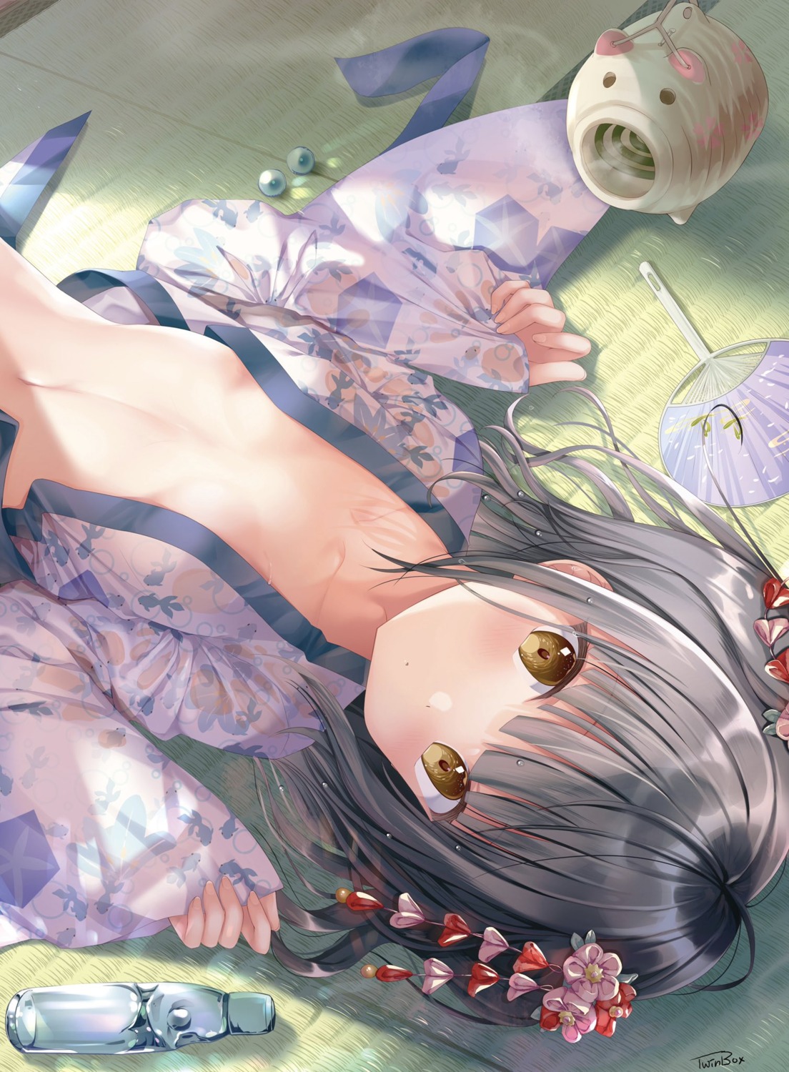 kodama_haruka no_bra open_shirt see_through twinbox twinbox_school wet_clothes yukata