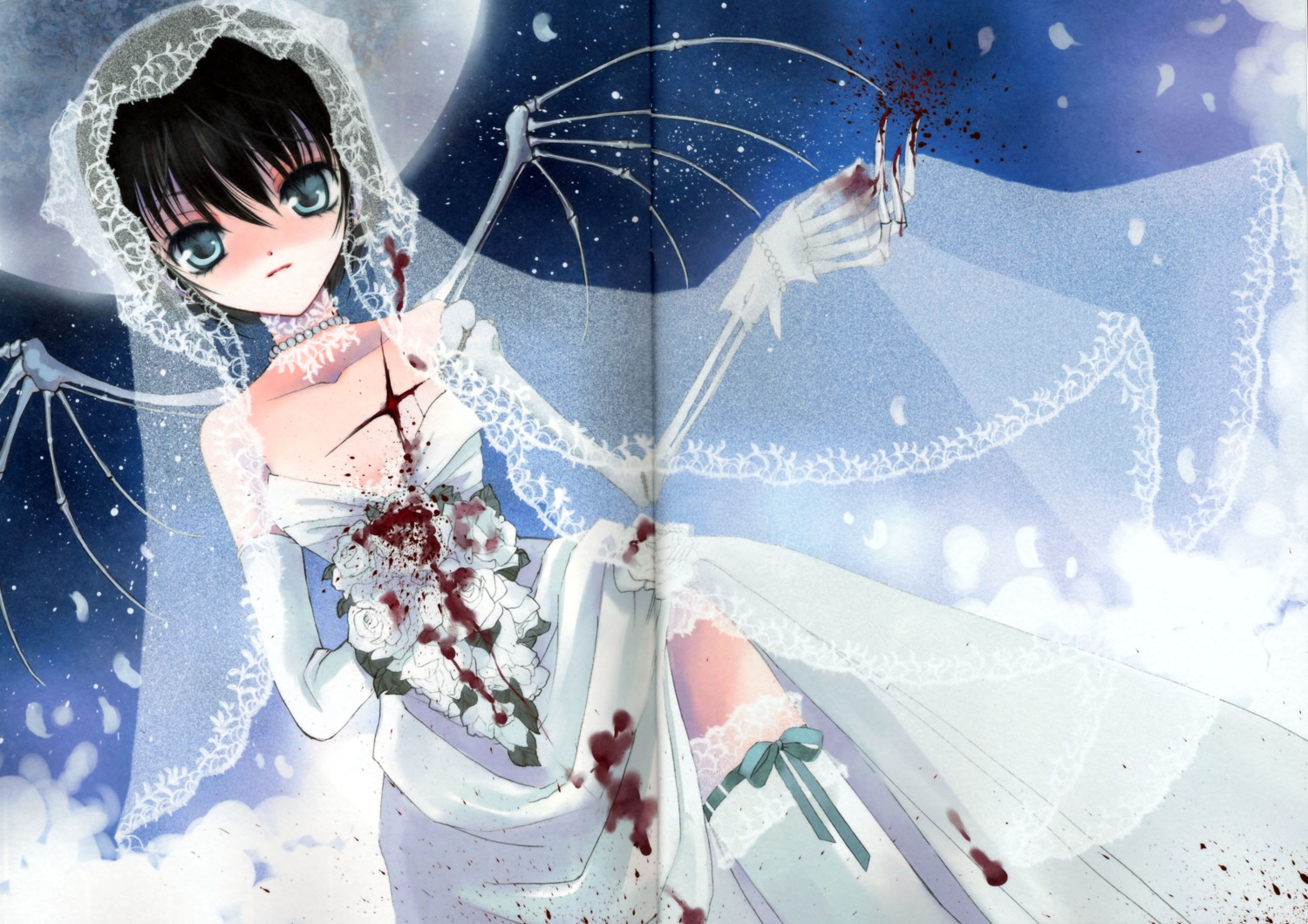 blood crease dress monster_girl no_bra rami thighhighs wedding_dress wings