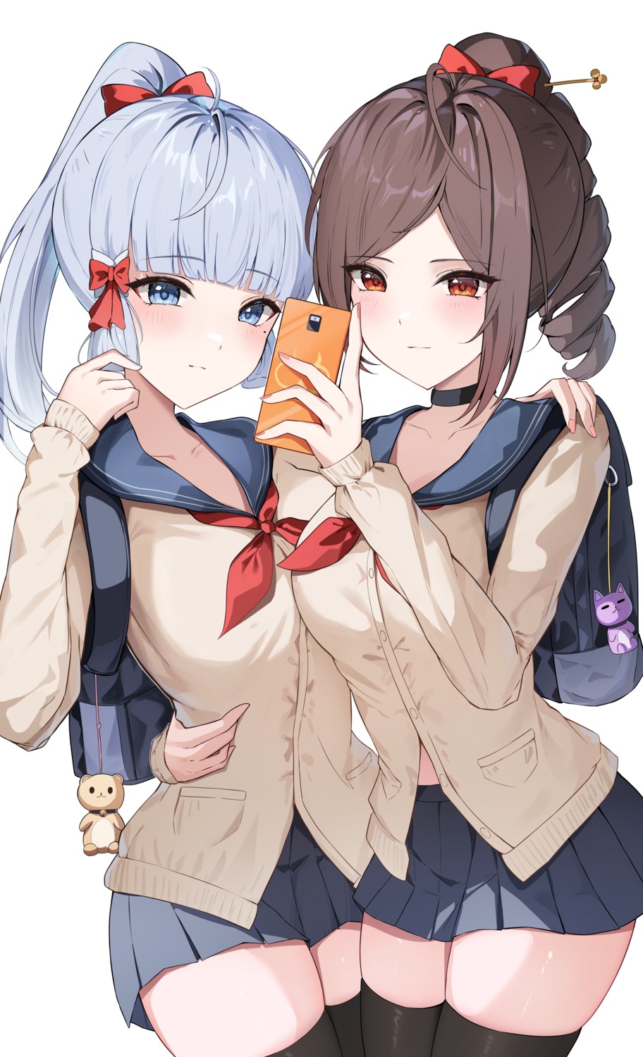 chiori genshin_impact kamisato_ayaka seifuku selfie sweater thighhighs yeni yuri