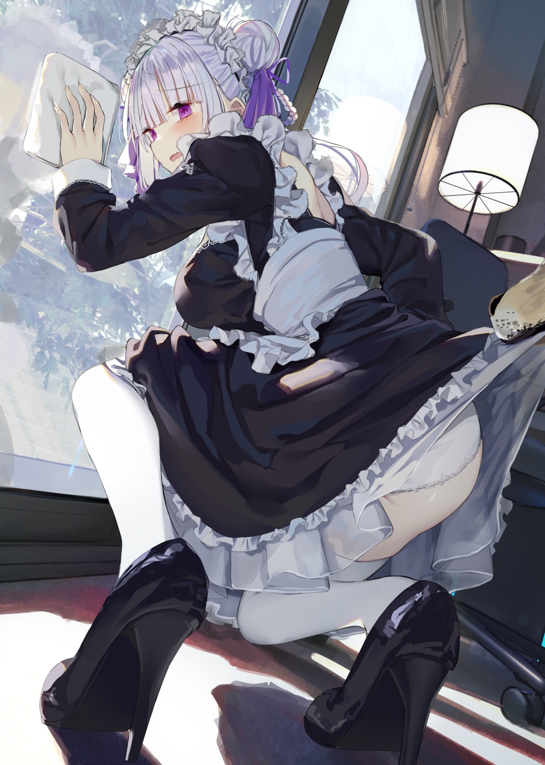 ass heels kamizaki_hibana maid maid_girl_(kamizaki_hibana) pantsu see_through skirt_lift thighhighs wardrobe_malfunction