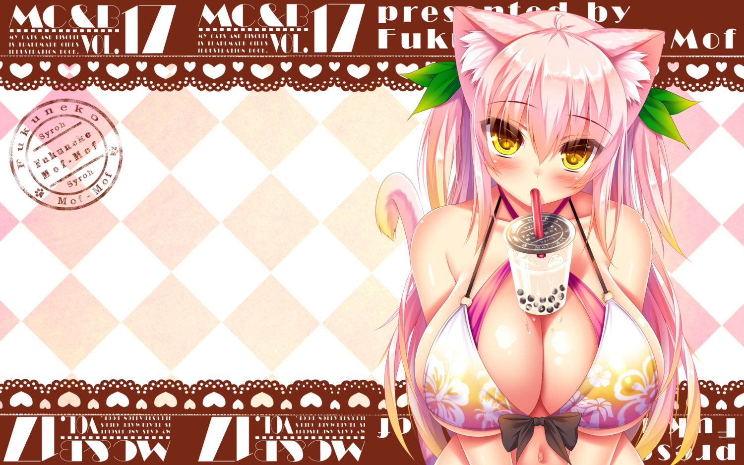 animal_ears bikini_top breast_hold erect_nipples nekomimi shia_flatpaddy swimsuits syroh tail wallpaper