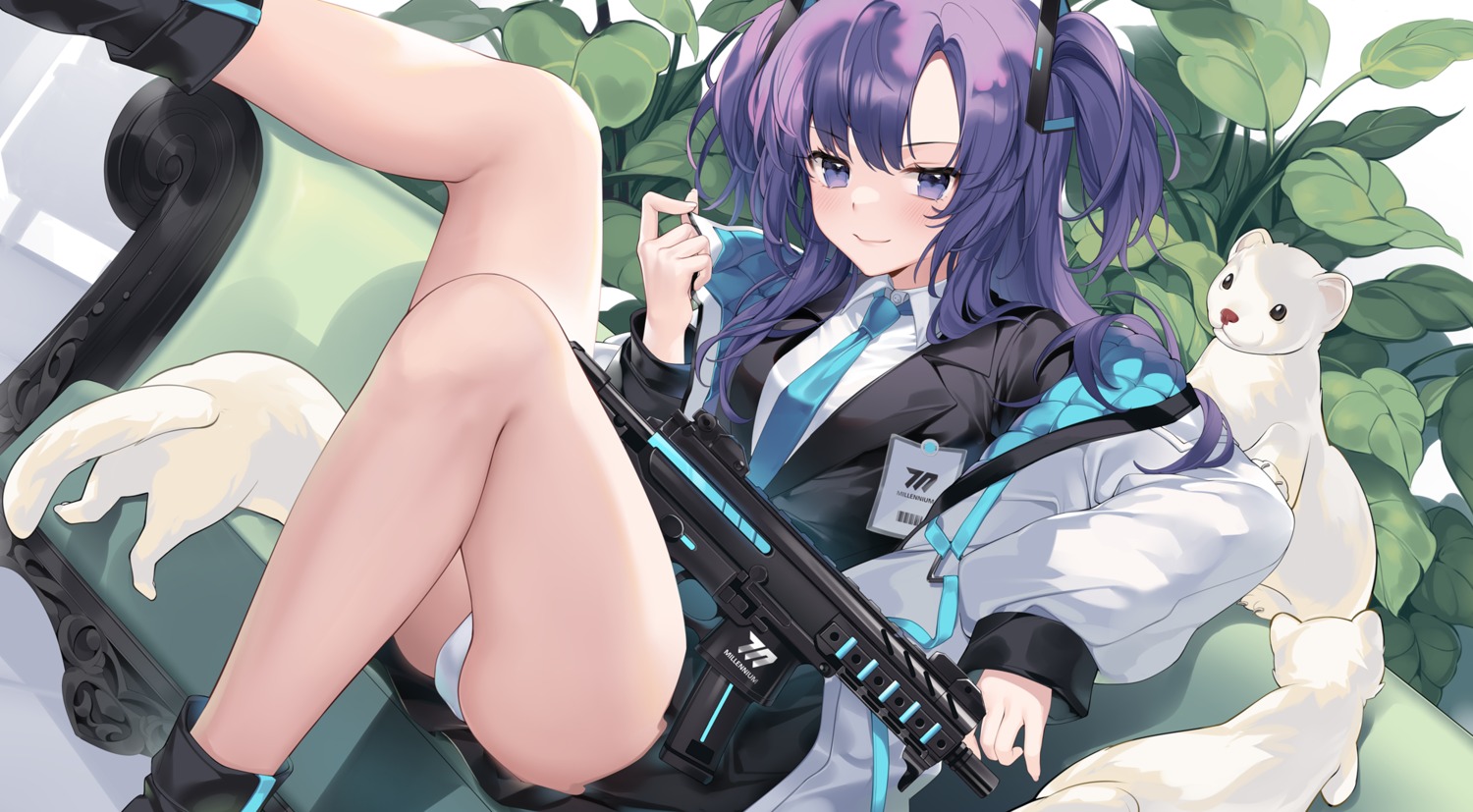 blue_archive gun hayase_yuuka pantsu seifuku skirt_lift uosaasou