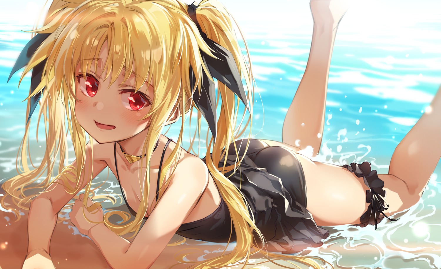 ass fate_testarossa garter loli mahou_shoujo_lyrical_nanoha michairu. possible_duplicate skirt_lift swimsuits wet