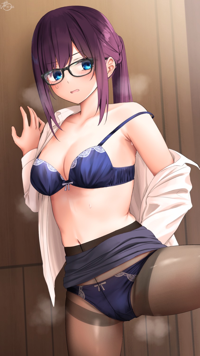 bra dress_shirt megane open_shirt pantsu pantyhose ramchi skirt_lift