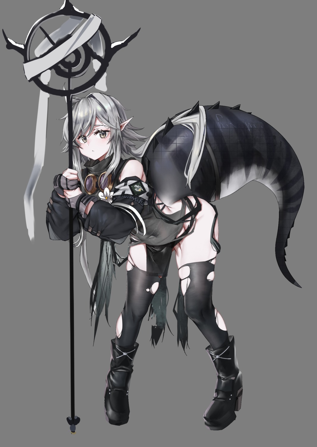 arknights heels jsiwji pantsu pointy_ears tail thighhighs tomimi_(arknights) torn_clothes weapon