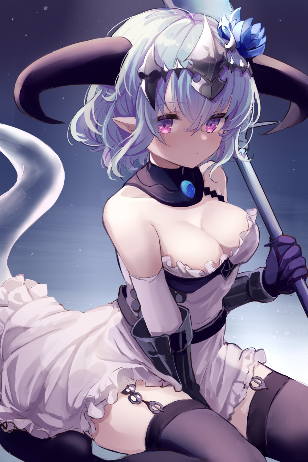 cleavage dress horns karunabaru no_bra pointy_ears shadowverse skirt_lift stockings tail thighhighs weapon whitefrost_dragonewt_filene