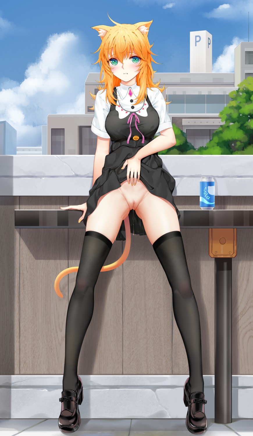 animal_ears heels nopan pussy pussy_juice skirt_lift sonikey0_0 tail thighhighs uncensored