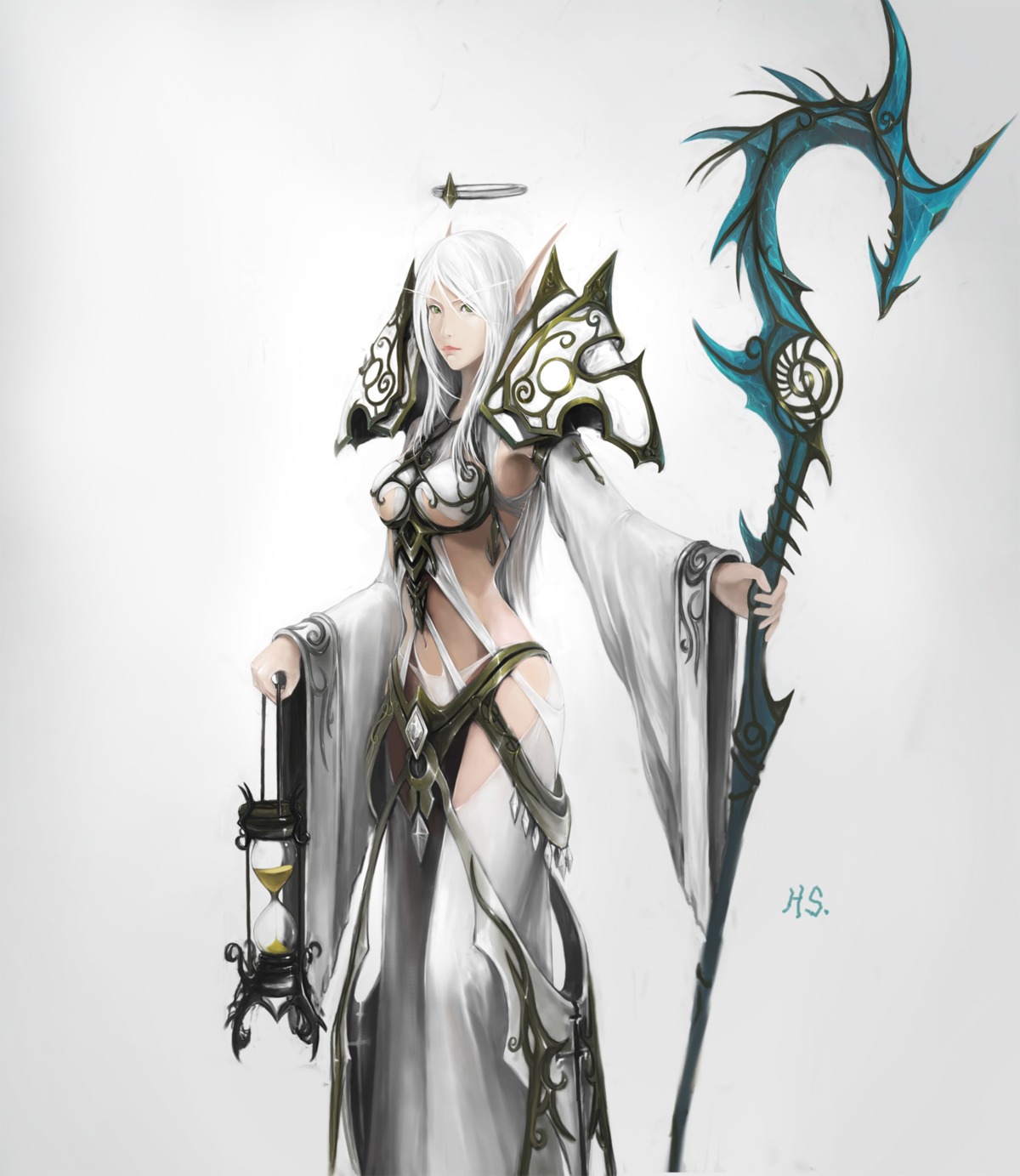 armor bikini_armor elf pointy_ears underboob weapon