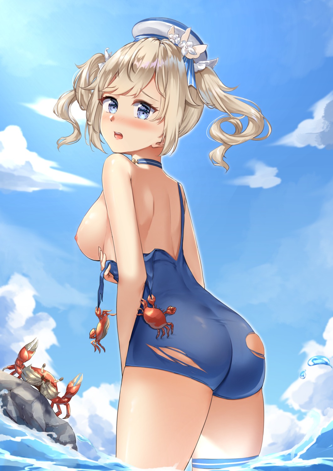 ass barbara_(genshin_impact) breasts chahei garter genshin_impact nipples swimsuits torn_clothes wet