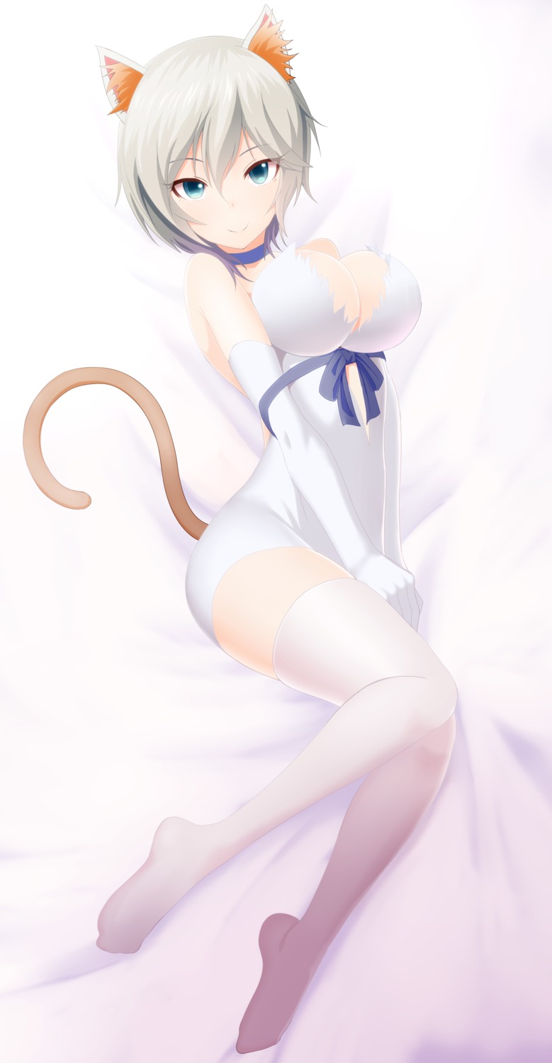 anastasia_(idolm@ster) animal_ears cleavage cosplay dress dungeon_ni_deai_wo_motomeru_no_wa_machigatteiru_darou_ka hestia_(danmachi) nekomimi no_bra tail takahiro-kun the_idolm@ster the_idolm@ster_cinderella_girls thighhighs