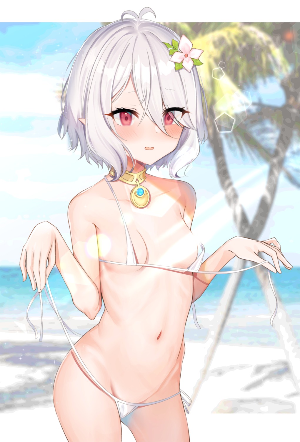 amrita_(amber78gou) bikini breasts censored kokkoro pointy_ears princess_connect princess_connect!_re:dive swimsuits undressing wardrobe_malfunction