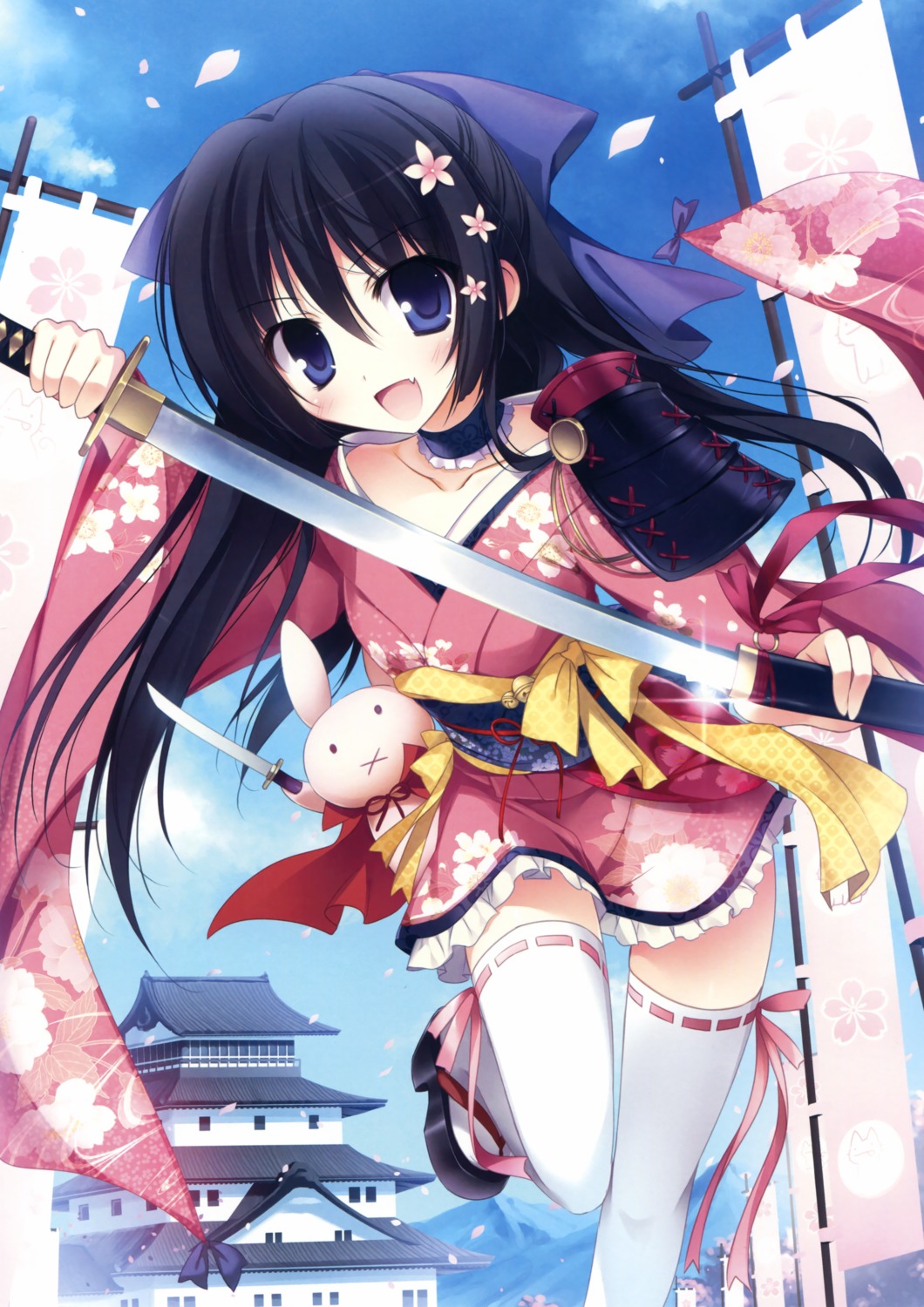 armor japanese_clothes karory no_bra open_shirt sword thighhighs