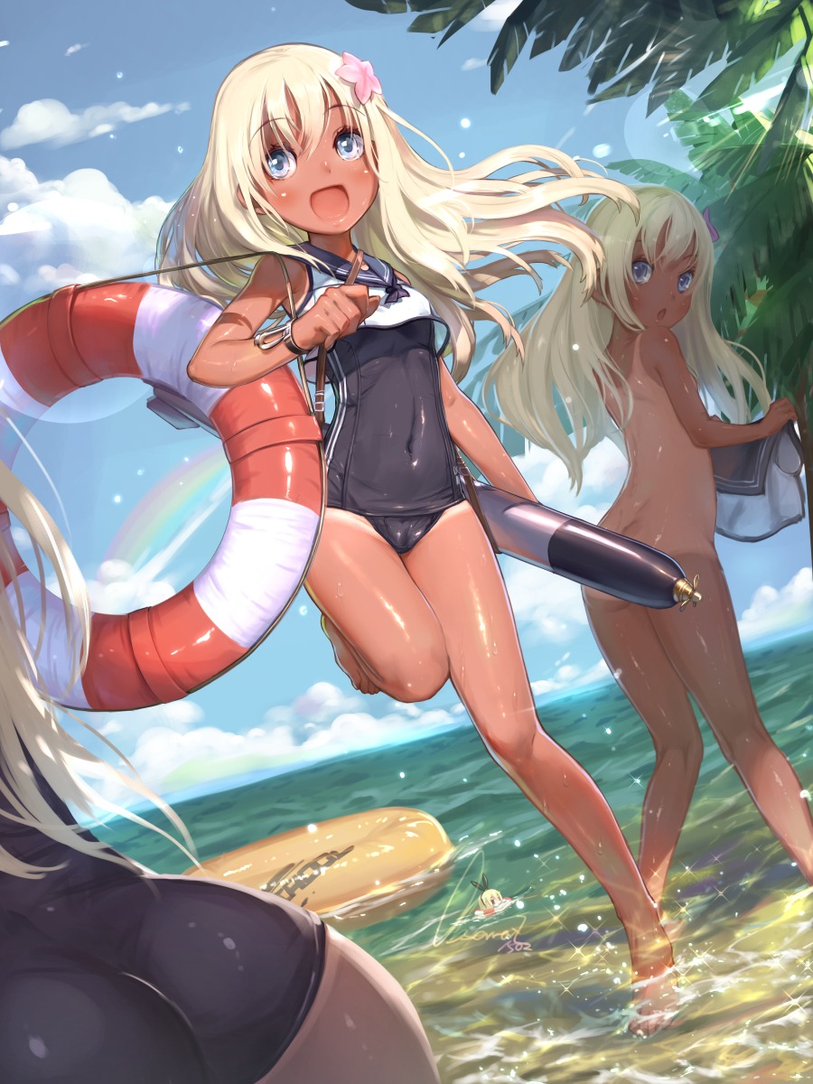 ass cameltoe chibi kantai_collection loli naked observerz ro-500 school_swimsuit seifuku shimakaze_(kancolle) swimsuits tan_lines undressing wet