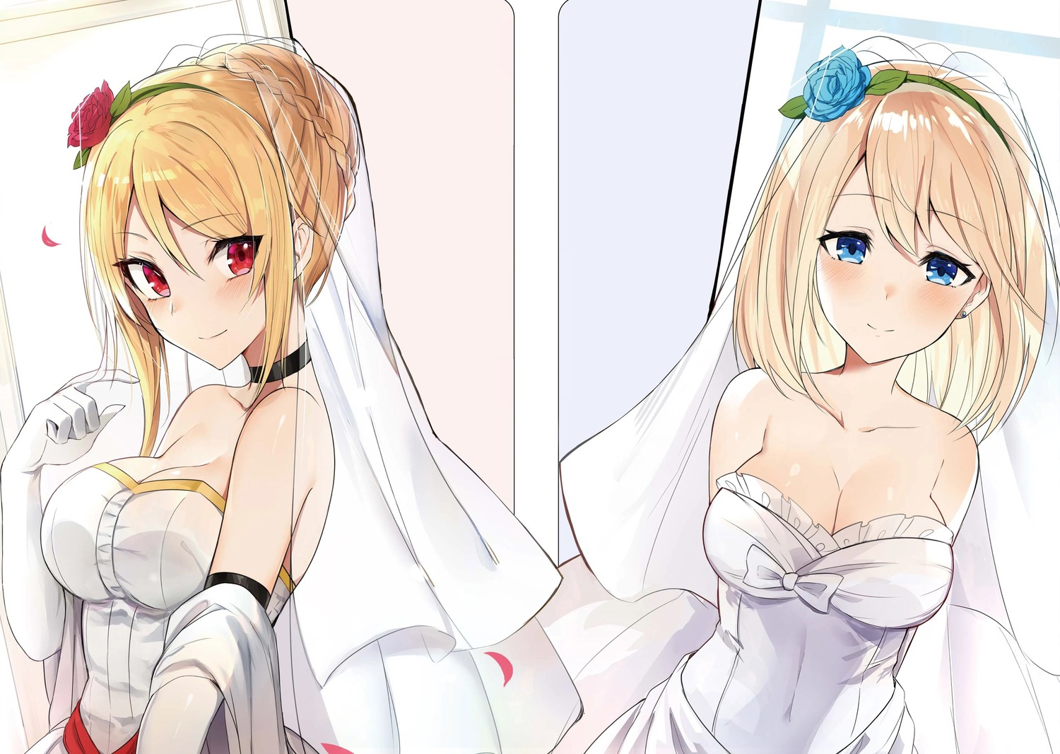 angelica_rapha_redgrave cleavage dress olivia_(otome_game_sekai_wa_mob_ni_kibishii_sekai_desu) otome_game_sekai_wa_mob_ni_kibishii_sekai_desu shiosato_jun wedding_dress