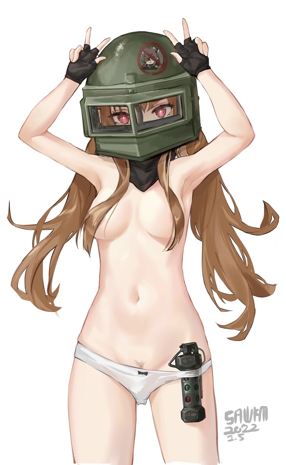 areola armor girls_frontline pantsu panty_pull pubic_hair sawkm topless ump9_(girls_frontline) weapon